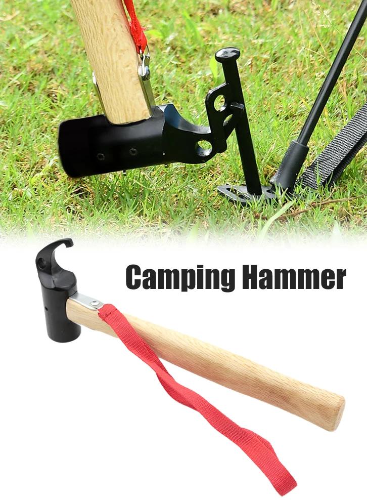 Outdoor Solid Wood Camping Hammer Multifunctional Ground Nail Puller Iron Hammer Head Portable Camping Tools